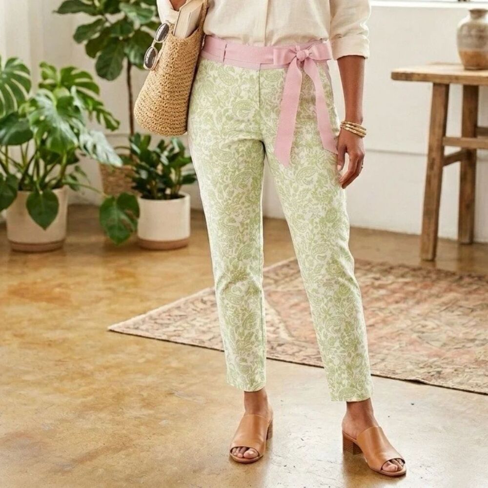 Vanessa Fox pants Womens Sz 10 ankle Green Paisley Casual Coastal tie belt